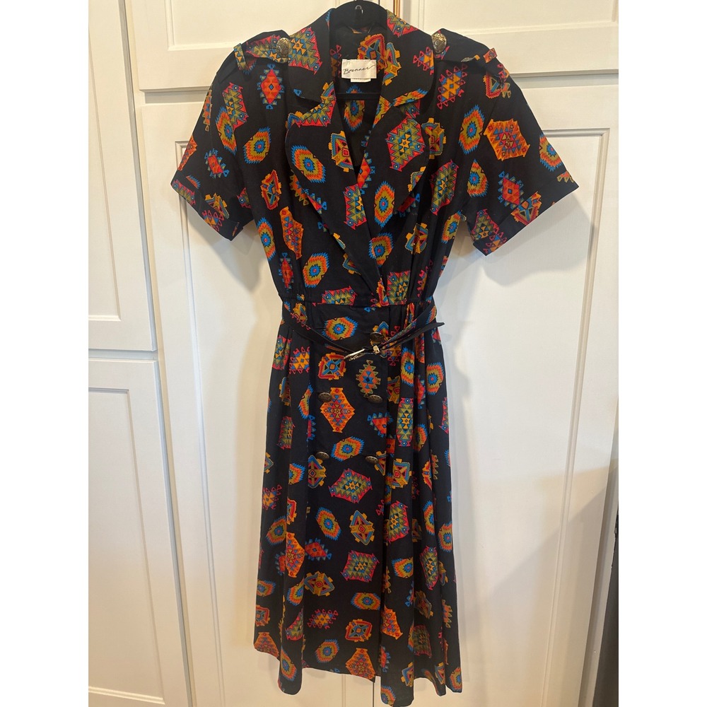 VTG Brenner Womens Southwestern western rodeo Cotton Midi Belted Dress 7/8